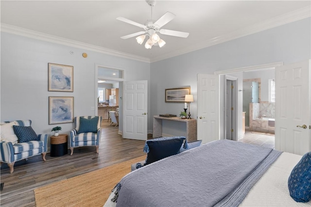 bedroom with ensuite bathroom, ceiling fan, ornamental molding, and wood-type flooring