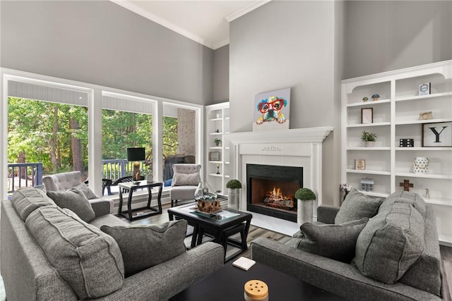 living room featuring a fireplace, plenty of natural light, wood finished floors, a towering ceiling, and ornamental molding