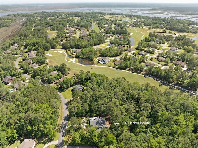aerial view with a water view, golf course view, and a residential view