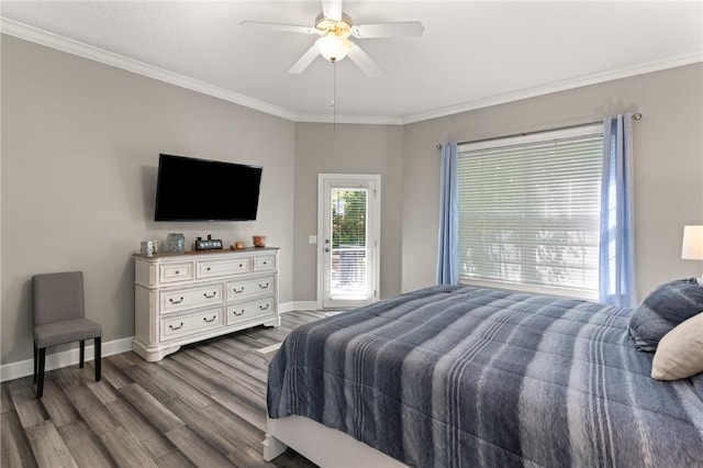 bedroom with a ceiling fan, access to exterior, wood finished floors, baseboards, and ornamental molding