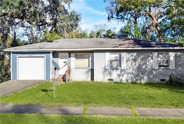 single story home with a garage and a front lawn