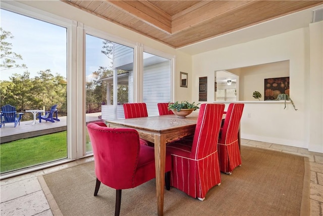 dining space with wooden ceiling, stone tile floors, and baseboards