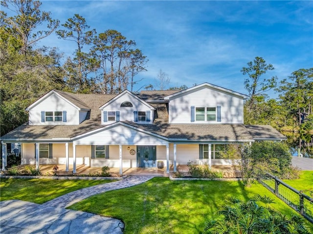 view of front of property featuring a porch and a front lawn