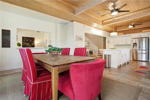 dining space featuring ceiling fan, beamed ceiling, wood ceiling, and baseboards