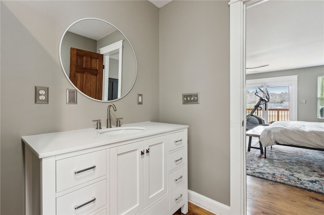 bathroom with vanity and hardwood / wood-style flooring