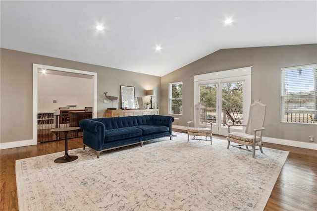 living room featuring lofted ceiling, a healthy amount of sunlight, and dark hardwood / wood-style floors