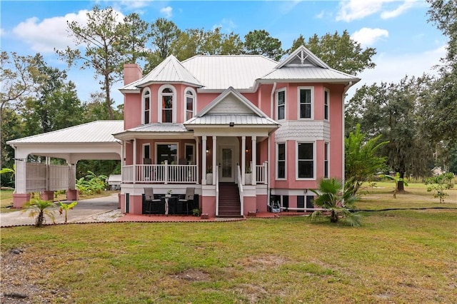 view of front of house with an attached carport, a front lawn, a porch, metal roof, and driveway