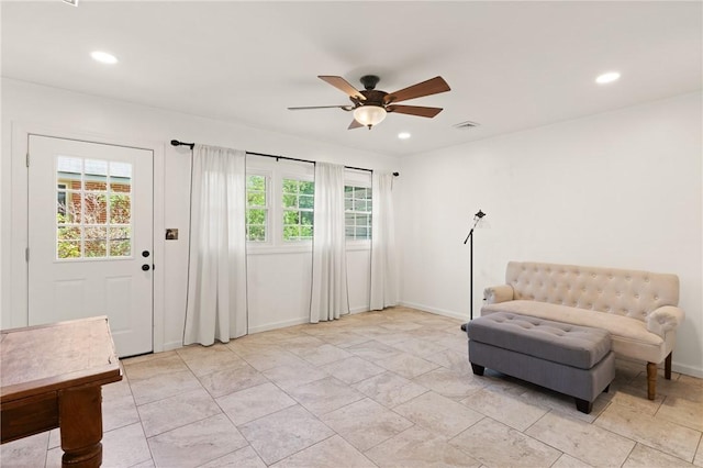 sitting room featuring recessed lighting, baseboards, ceiling fan, and visible vents