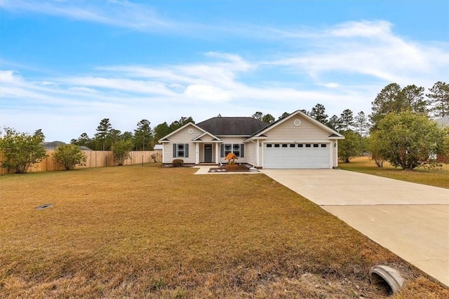 single story home featuring a front yard and a garage