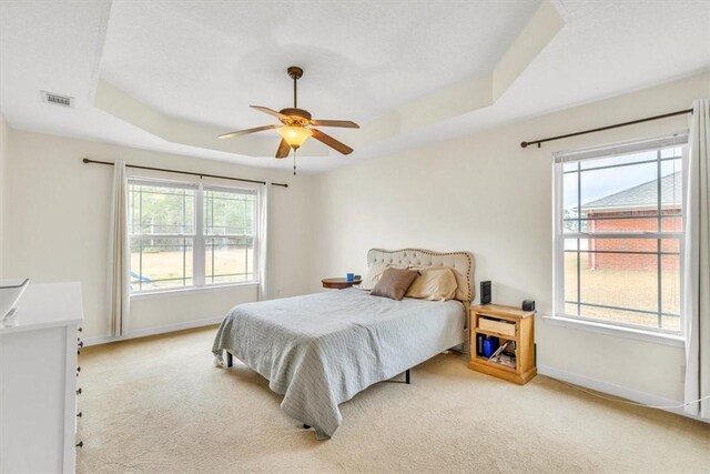 carpeted bedroom featuring a raised ceiling and ceiling fan