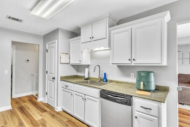 kitchen with stainless steel dishwasher, light hardwood / wood-style floors, white cabinets, and sink