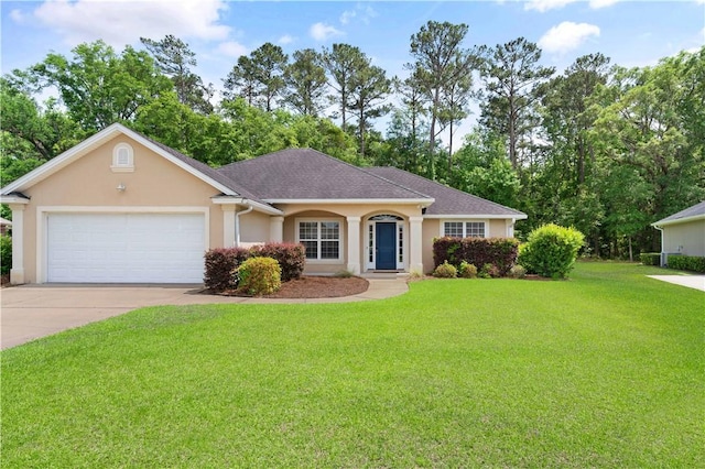 22 Millpond Cir, Brunswick, GA 31525 - ranch-style house with driveway, a garage, a front lawn, a shingled roof, and stucco siding