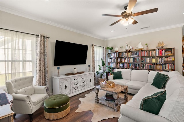 156 Allie Loop, Brunswick, GA 31525 - living room with healthy amount of natural light, a ceiling fan, ornamental molding, and wood finished floors