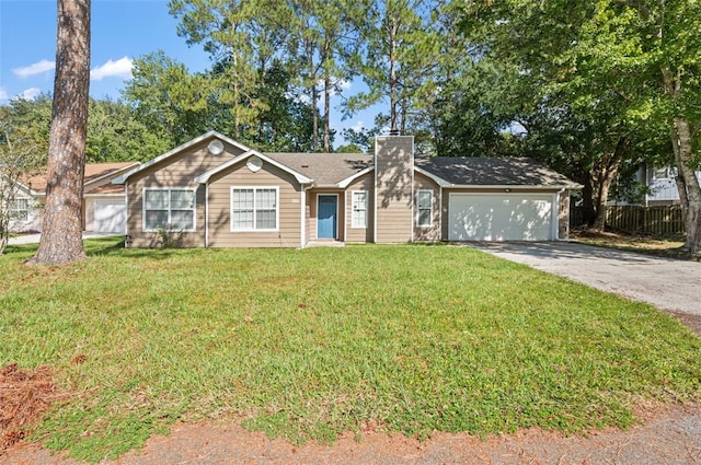 ranch-style house with a front yard and a garage