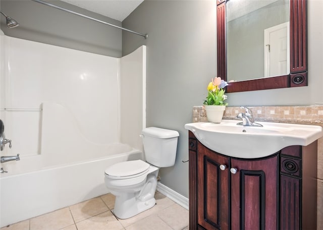 full bathroom with tile patterned flooring, vanity,  shower combination, and toilet