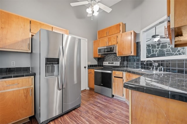 kitchen with ceiling fan, sink, stainless steel appliances, and dark wood-type flooring