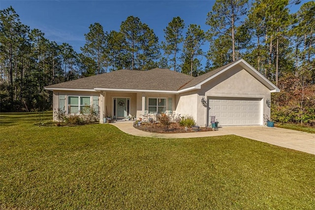 ranch-style house featuring a shingled roof, concrete driveway, a front yard, stucco siding, and an attached garage