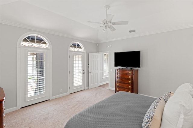 carpeted bedroom featuring baseboards, ornamental molding, a ceiling fan, and access to outside