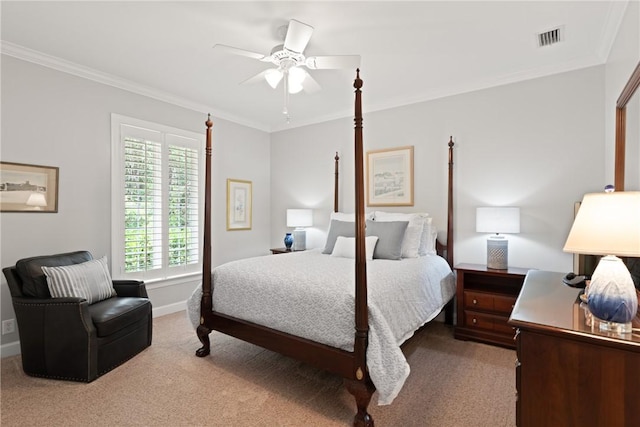 bedroom featuring carpet, ornamental molding, baseboards, and ceiling fan