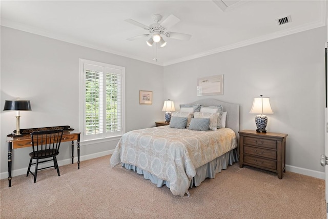 bedroom with ornamental molding, carpet, baseboards, and ceiling fan