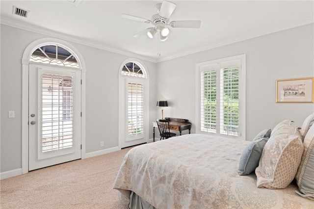 carpeted bedroom with multiple windows, crown molding, access to outside, baseboards, and ceiling fan