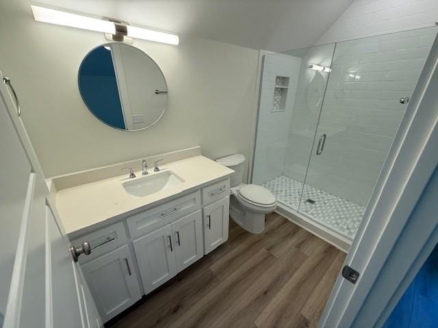 117 Quamley Wells Dr, Saint Simons Island, GA 31522 - bathroom with a stall shower, wood finished floors, vanity, toilet, and lofted ceiling