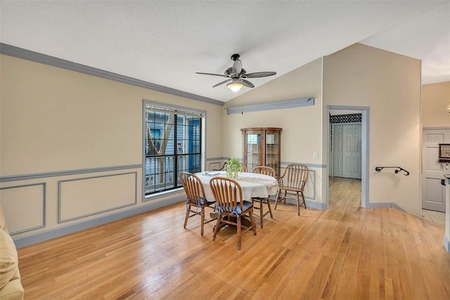 40 W Lake Dr, Saint Simons Island, GA 31522 - dining space with ceiling fan, light wood-style flooring, and lofted ceiling