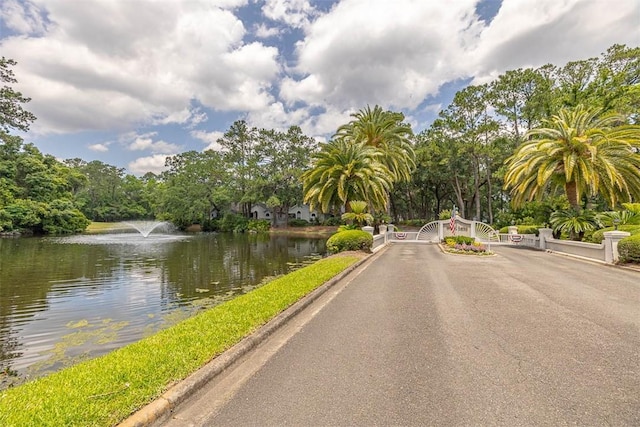 40 W Lake Dr, Saint Simons Island, GA 31522 - view of asphalt road with curbs, a water view, and a gated entry