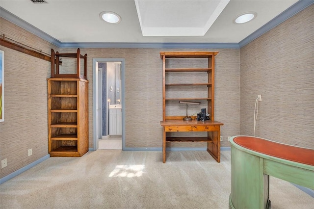 40 W Lake Dr, Saint Simons Island, GA 31522 - carpeted home office with baseboards and a raised ceiling