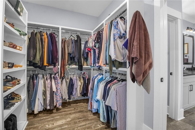 walk in closet with dark hardwood / wood-style floors