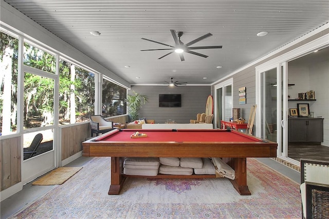 playroom with pool table and ceiling fan