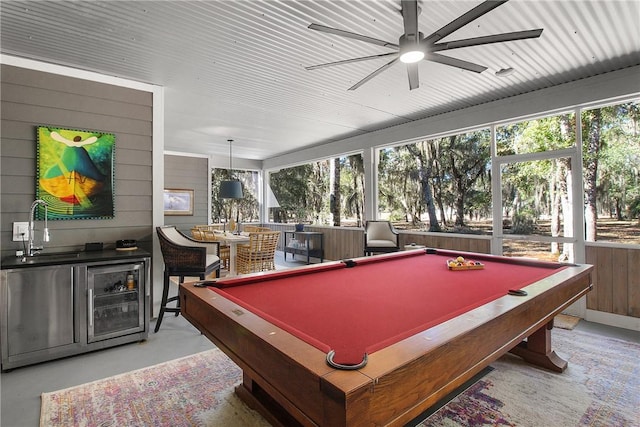 game room with sink, wooden walls, billiards, and ceiling fan