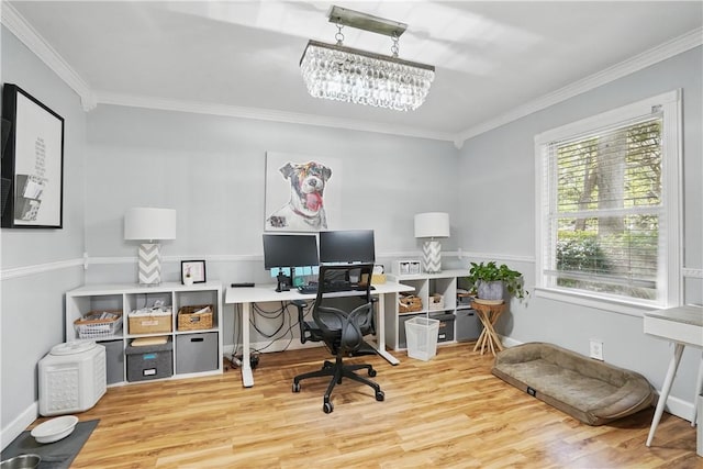 408 Couper Ave, Saint Simons Island, GA 31522 - office area with ornamental molding, wood finished floors, and a chandelier