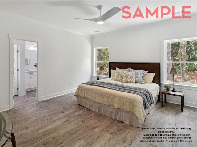 bedroom with ensuite bathroom, ceiling fan, wood-type flooring, and ornamental molding