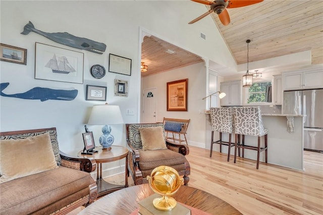 living room with a ceiling fan, visible vents, baseboards, light wood-style flooring, and wooden ceiling