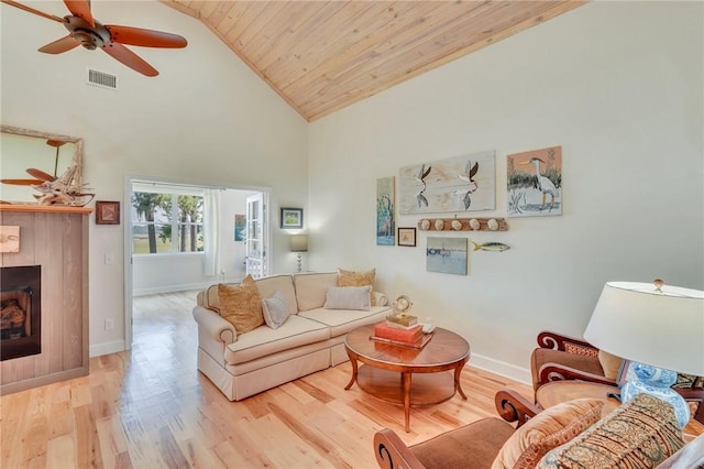 living room featuring visible vents, wood ceiling, wood finished floors, and a fireplace