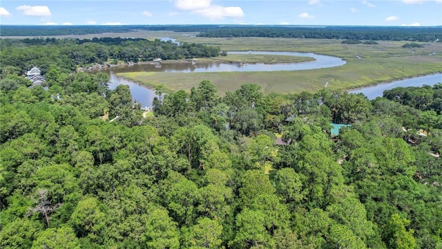 drone / aerial view with a view of trees and a water view