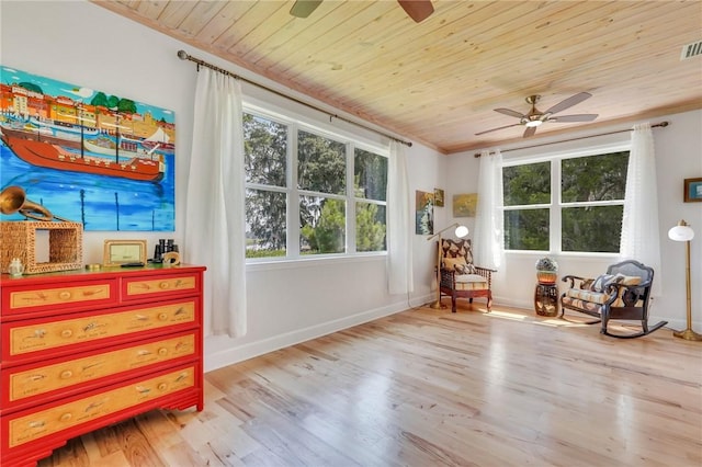 living area with wood ceiling, wood finished floors, baseboards, and ceiling fan