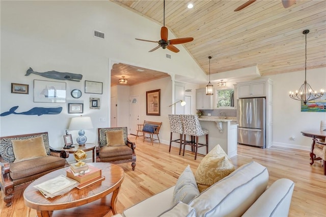 living room with wood ceiling, light wood-style flooring, and ceiling fan with notable chandelier