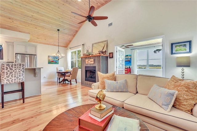 living area with visible vents, light wood-style flooring, ceiling fan with notable chandelier, wooden ceiling, and a fireplace