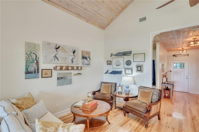 sitting room featuring a ceiling fan, wood finished floors, visible vents, baseboards, and wood ceiling