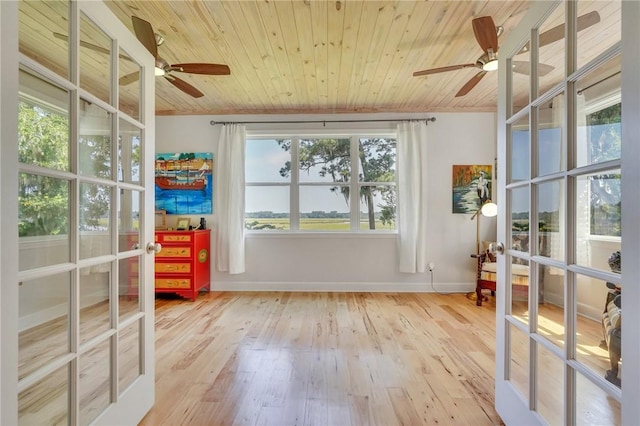 interior space with french doors, wood ceiling, and ceiling fan