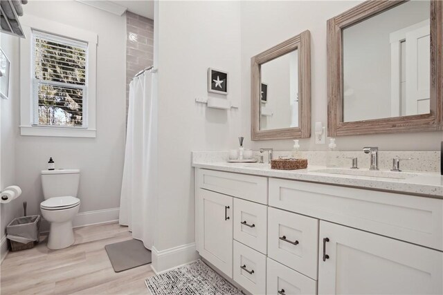 bathroom with vanity, hardwood / wood-style floors, walk in shower, and toilet