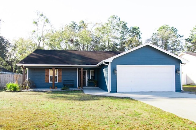 ranch-style house with a garage and a front yard