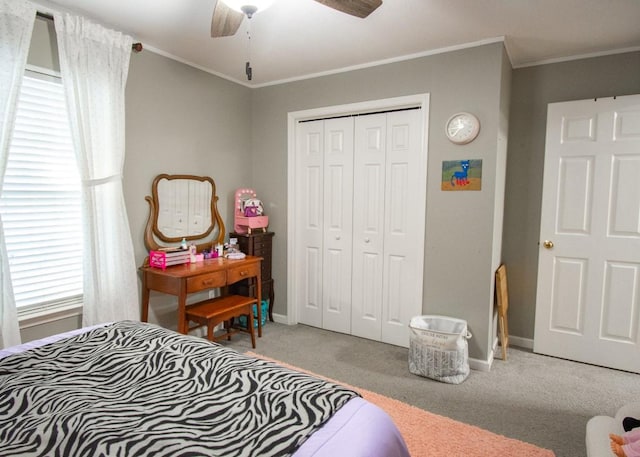 carpeted bedroom featuring crown molding, ceiling fan, and a closet