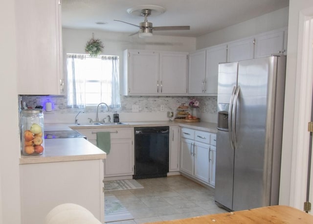 kitchen featuring white cabinets, sink, dishwasher, and stainless steel refrigerator with ice dispenser