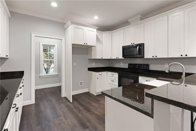 kitchen featuring black electric range, ornamental molding, white cabinetry, and dark stone counters