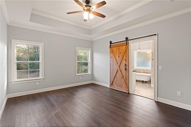 spare room with ceiling fan, a barn door, a raised ceiling, and a healthy amount of sunlight