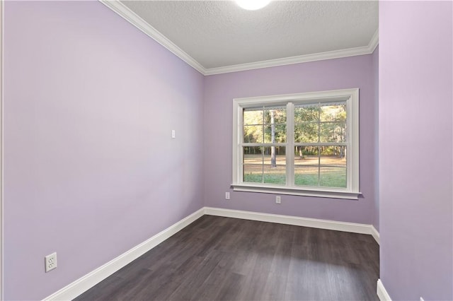 unfurnished room featuring a textured ceiling, dark hardwood / wood-style floors, and ornamental molding