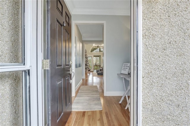 interior space with light hardwood / wood-style floors and crown molding